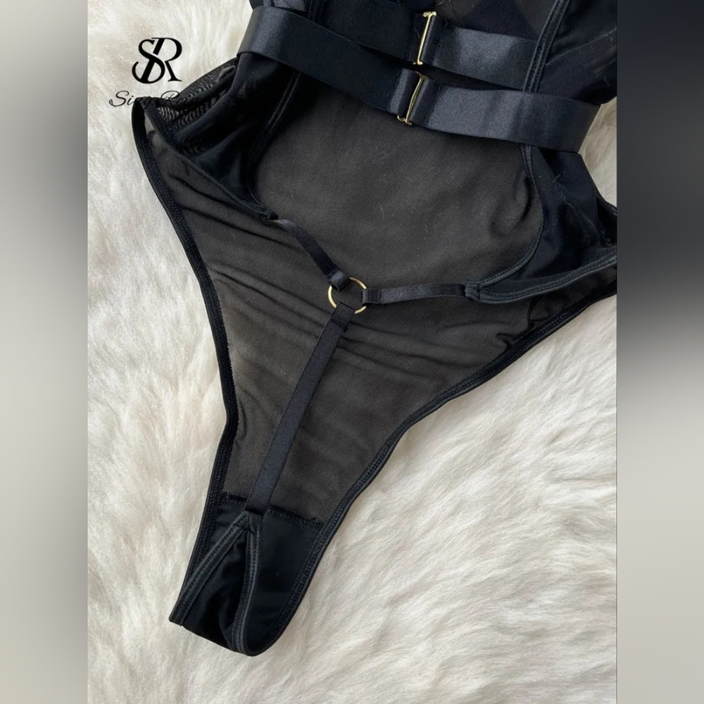 Black Strapy Mesh Corset Bodysuit. - Picture 2 of 5